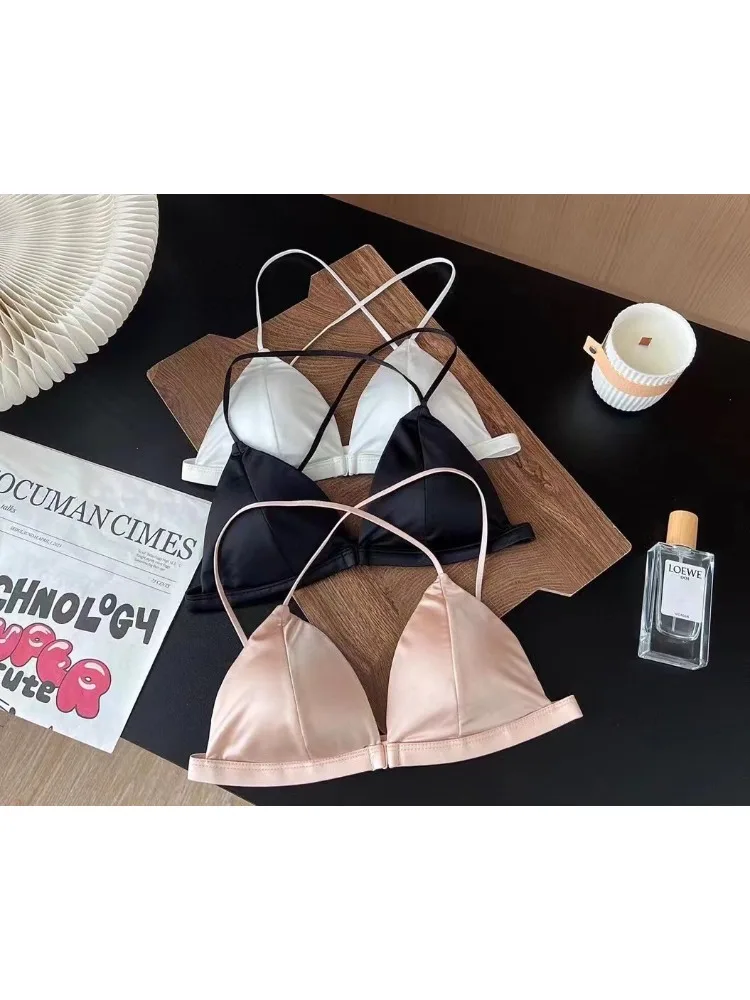 YUQI beautiful back front button underwear women's French satin no underwire small chest triangle cup ultra-thin summer seamless