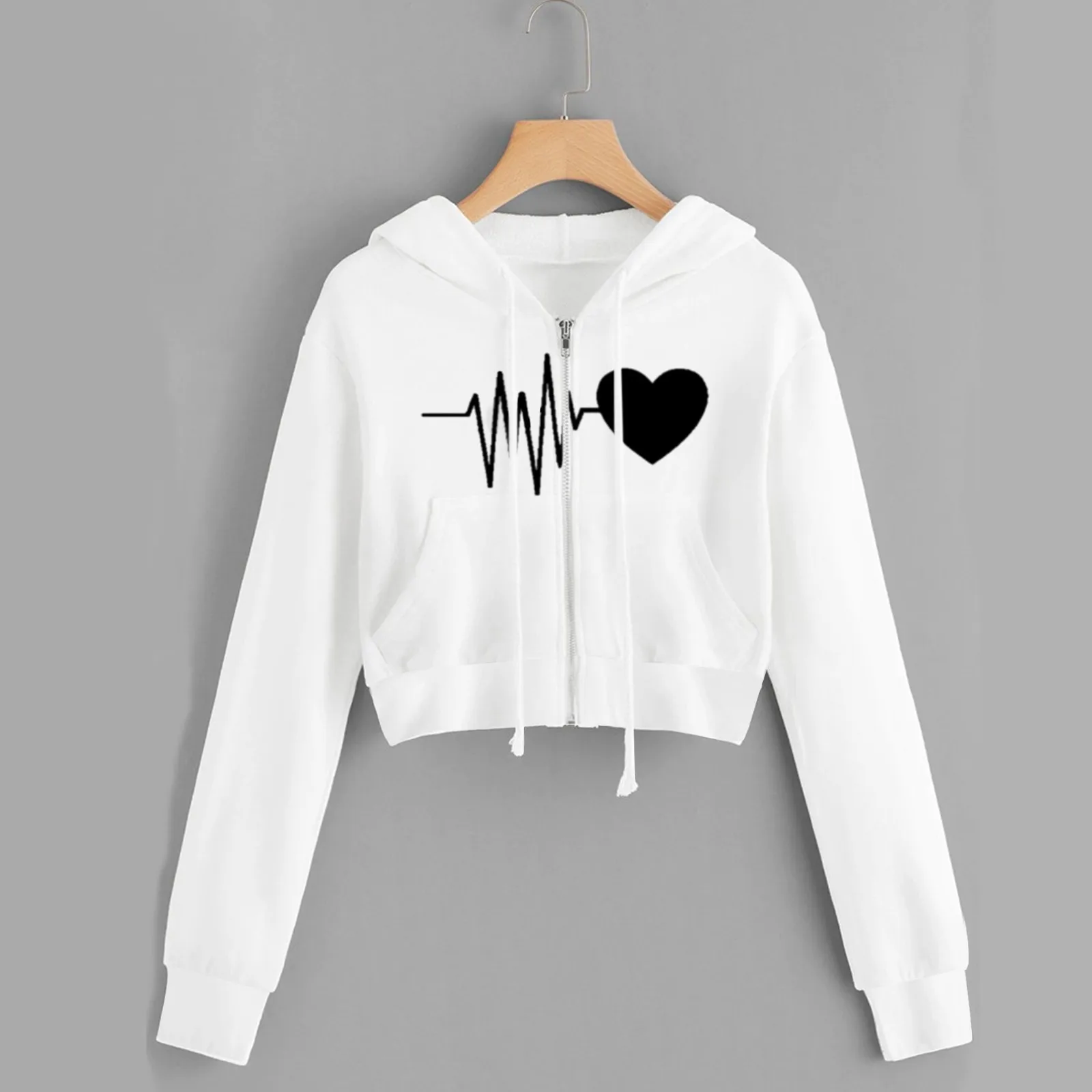 

Heartbeat Print Hoodies Drawstring Sweatshirt Spring Fall Long Sleeve Hooded Pullover Tops y2k Zipper Pocket Short Women Clothes