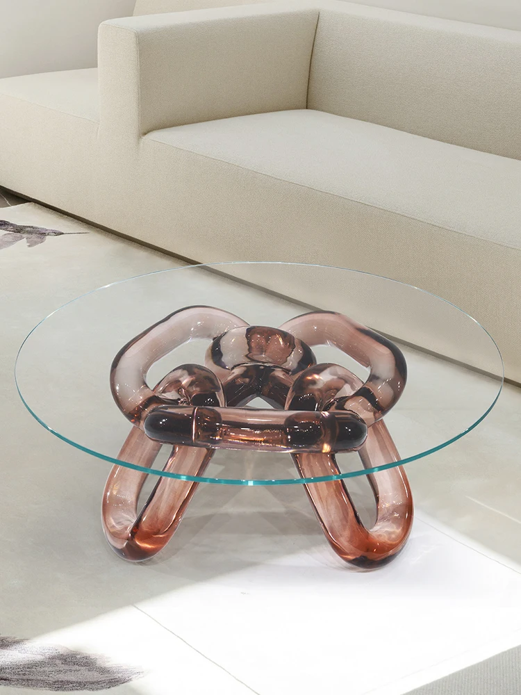 Living Room Coffee Table Designer Model Light Luxury Modern Tempered Glass Transparent Resin Shaped round Tea Table