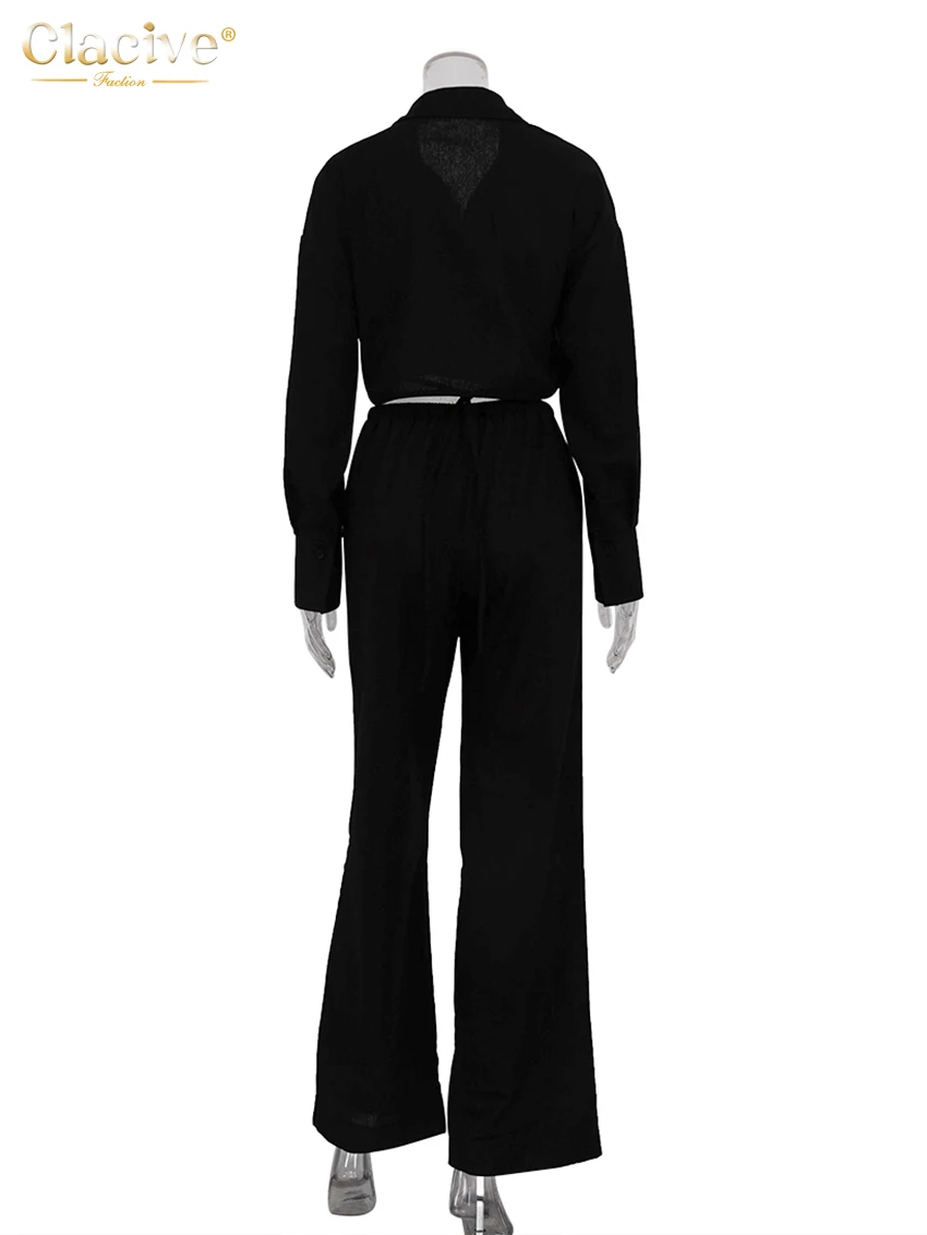 Clacive Fashion Loose Black Linen Trousers Sets For Women 2 Pieces 2024 Elegant Long Sleeve Crop Shirt With High Waist Pants Set