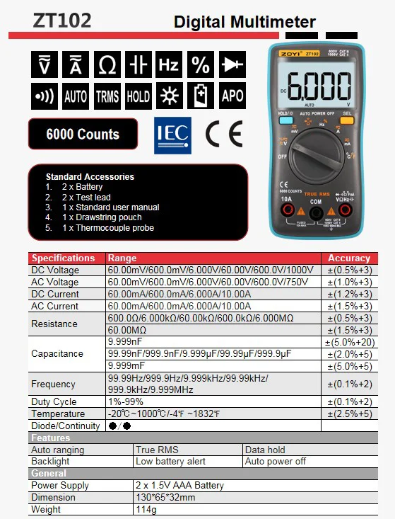 ZOYI Digitales Multimeter Amperemeter Voltmeter Widerstandsmessgerät Frequenzmesser mit Hintergrundbeleuchtung Spannungsmesser Diodentester ZT98 ZT100 ZT101 ZT102 – Detail 7