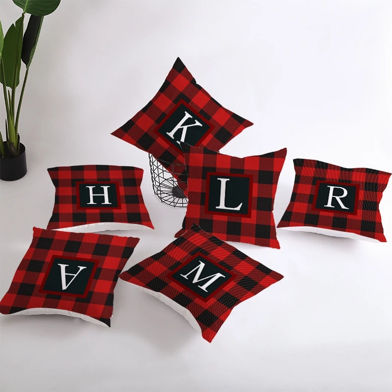 Christmas Throw Pillow Cover Plaid Letter Print Cushion Pillow Case Soft Pillow Protector for Home Sofa Decorations