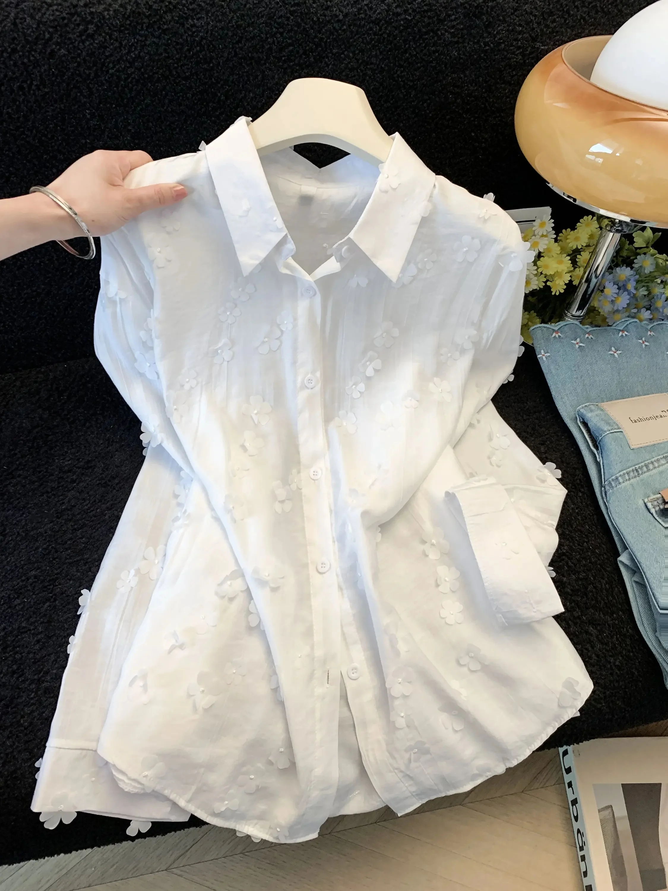 

Sweet 3D Flower White Long Sleeve Women's Summer Thin Outer Loose Slimming High-End Feel Open Cardigan Sun Protection Shirt