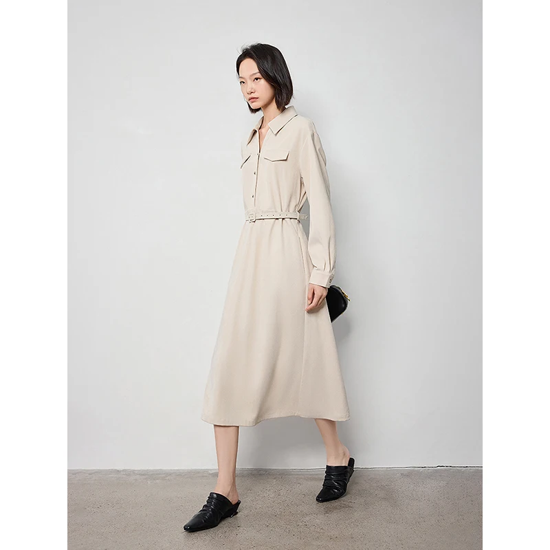 TOYOUTH Women Dress 2024 Autumn New Brushed Long Sleeve Turn Down Collar High Waist Knee Length Office Lady Shirt Dress