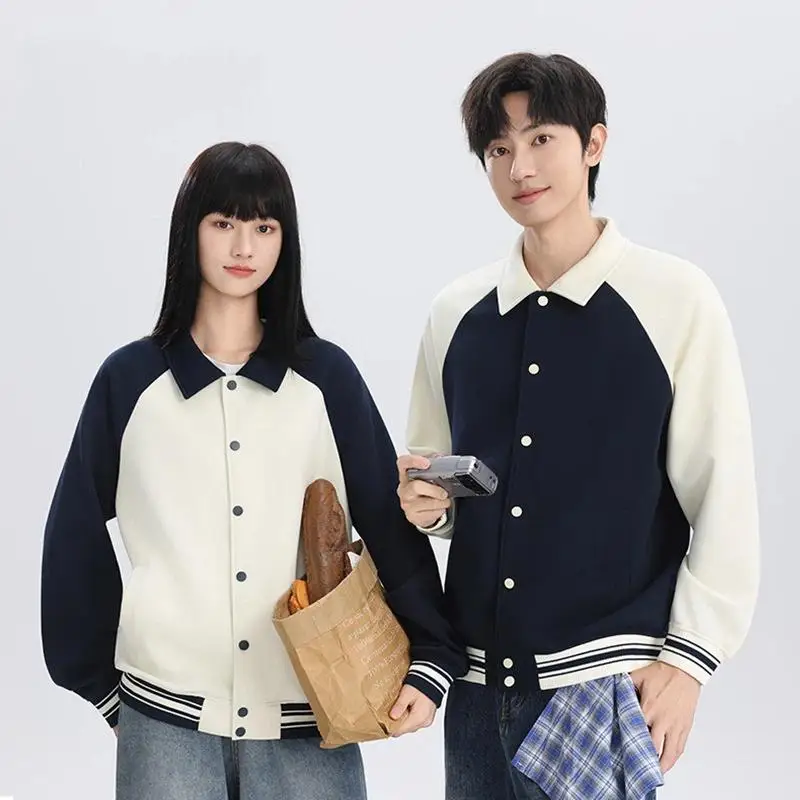 Spring And Autumn 380g Retro Contrasting Raglan Sleeve Lapel Baseball Jacket Custom LOGO Loose Large Edition Fashionable Jacket