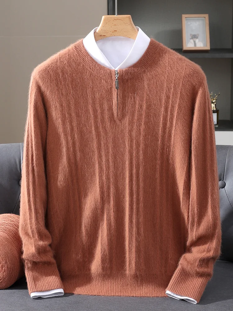 

100% Mink Cashmere Thickening Sweater for Men O-neck Half Open Zipper Pullover Autumn Winter Knitwear Top Anti-pilling Clothing