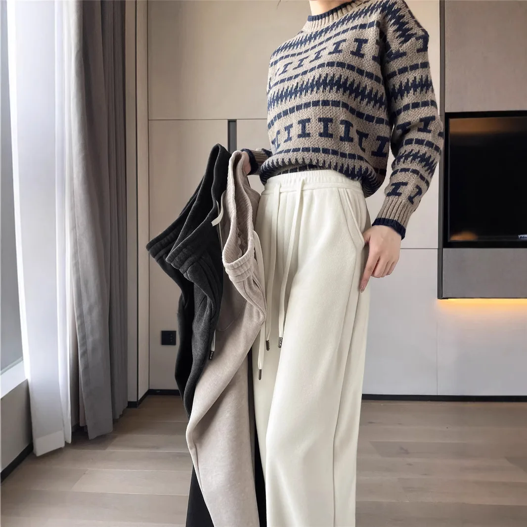 Pantalones de pierna ancha para mujer Otoño Invierno cintura alta drapeado adelgazante Casual suelto tubo recto Fce interior fino arroz