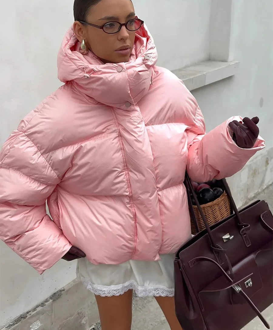 เสื้อแจ็คเก็ตผ้าฝ้ายบุหนาแบบมีฮู้ดสำหรับผู้หญิง เสื้อโค้ททรงขนมปัง อุ่นสบายสำหรับใส่เป็นเสื้อนอก