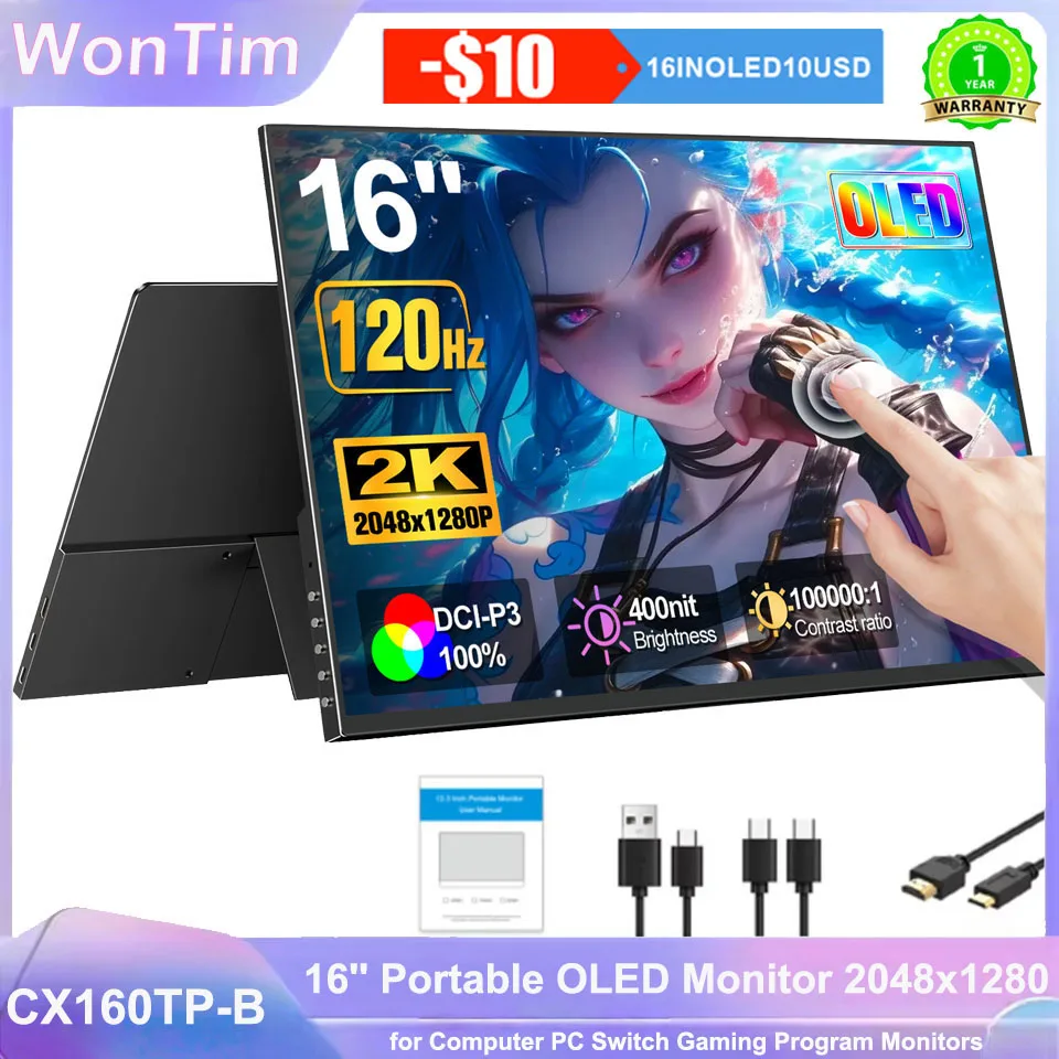 16Inch OLED Portable Touch Monitor Non-touch optional 16:10 400cd/m2 Gaming Computer Expand Display For XBox PS4/5 Switch Loptop