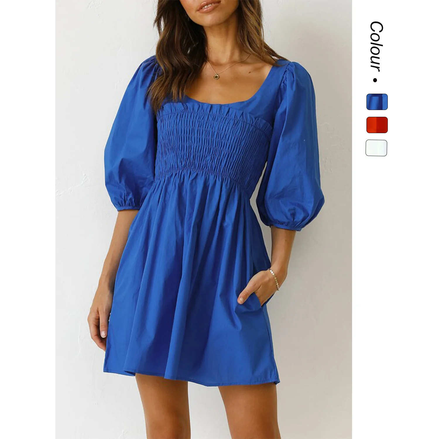 Sweet ort Waist-Cinching U-Ne Pure Color Dr Summer Thi Knitted Cotton Basic Sle mid Waist for Women