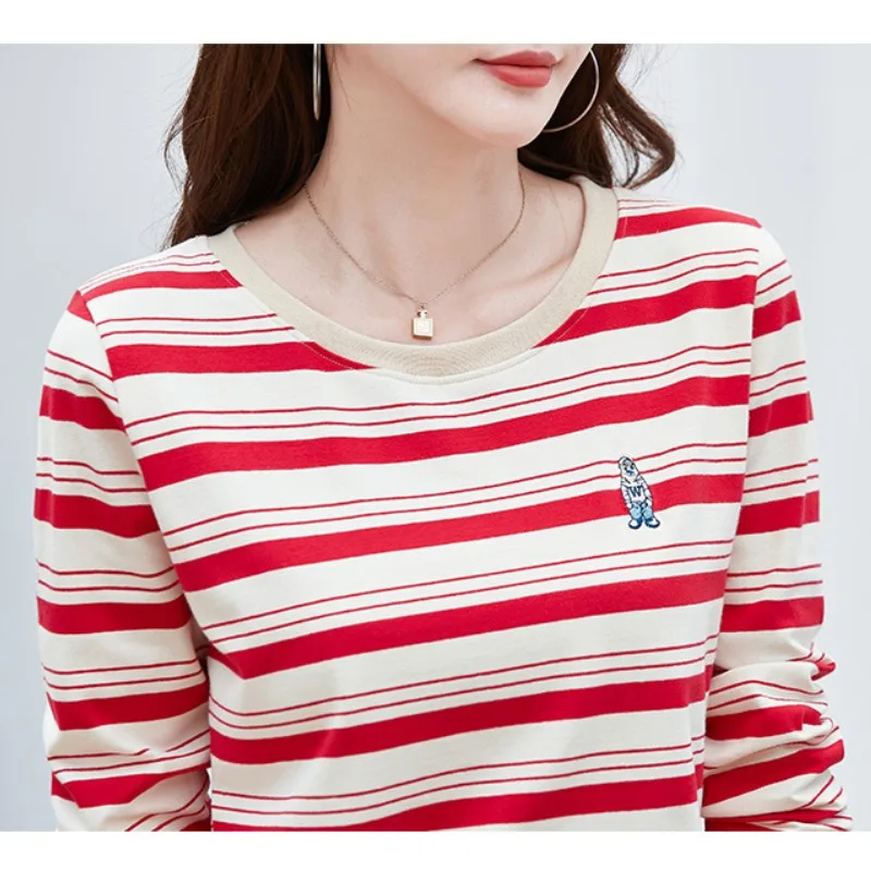 Spring Autumn Women\'s Pullover Round Neck Embroidery Solid Striped Long Sleeve Undershirt Slim T-shirt Office Lady Casual Tops