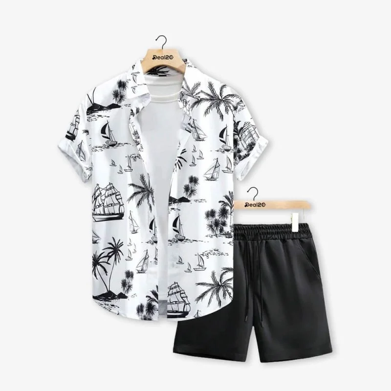 Men's Outfits Casual Loose Floral Printed Shorts Suits 2026 Summer Holiday Lapel Collar Button Shirts Short Pants Oversized Man