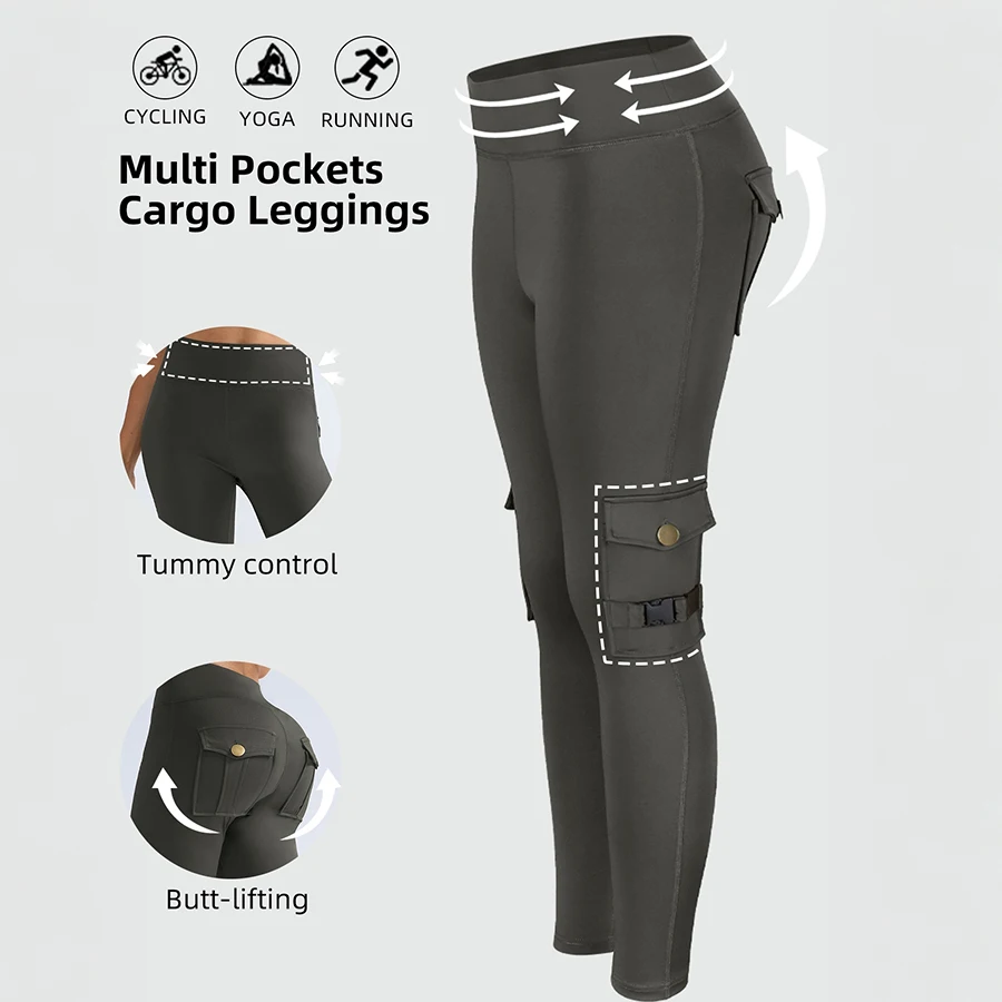 Women Multi Pocket Cargo Leggings High Waist Tummy Control Butt Lifting Workout Pants Stretch Yoga Running Legging
