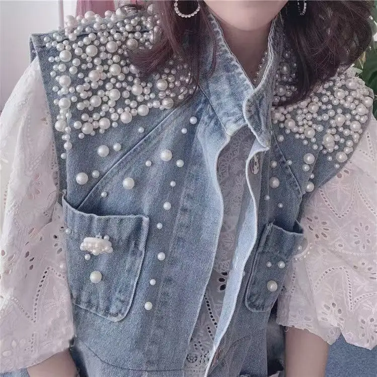 오버사이즈 데님 베스트 여성 2025 봄 여름 민소매 장식 숄더 비즈 보이프렌드 캐주얼 재킷