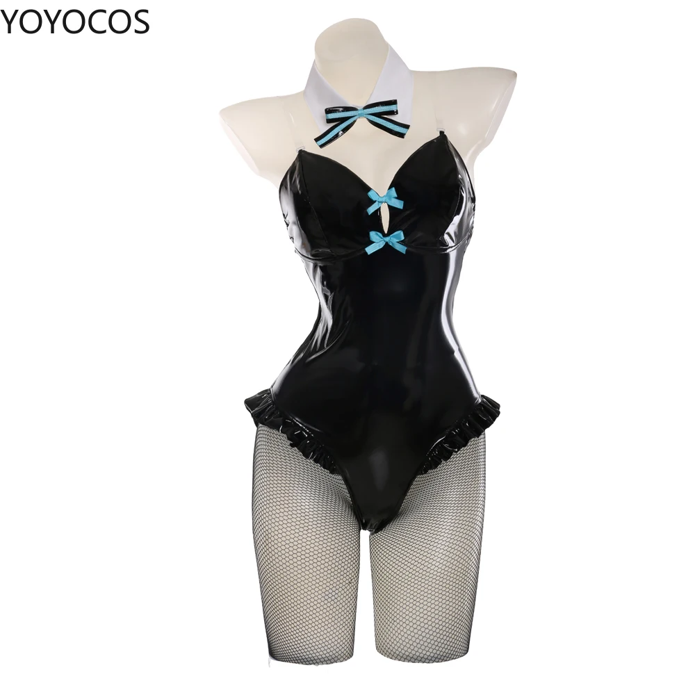 Yoyocos Dämon schwarz Lack leder Hase Mädchen sexy süße Uniform Halloween Cosplay Kostüm Kopfschmuck Kleidung Schleifen