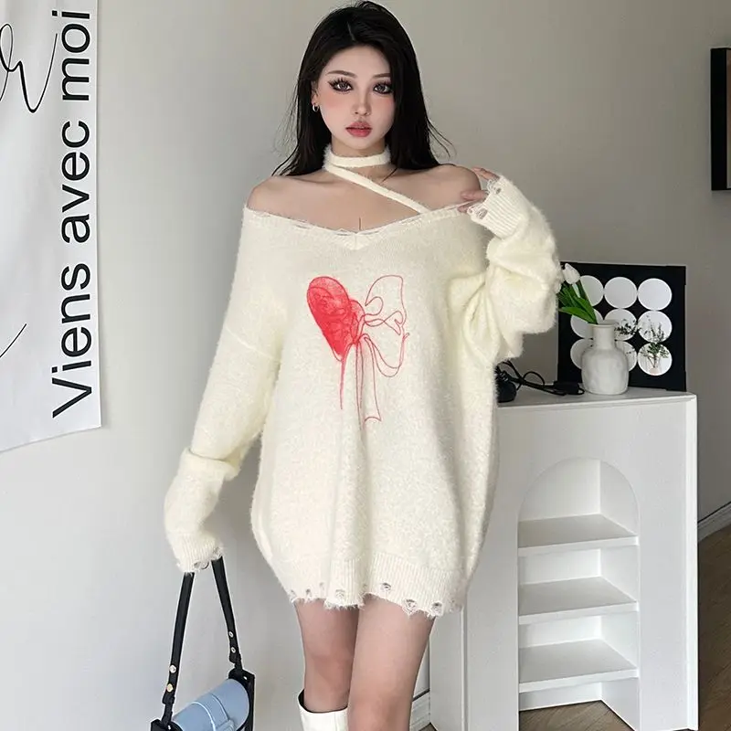 Sweater Bow Print Slant Collar Cross Design Oversized Sweater White Cute Korean Style Y2K Loose Knitted Pullovers Fall Winter image 4