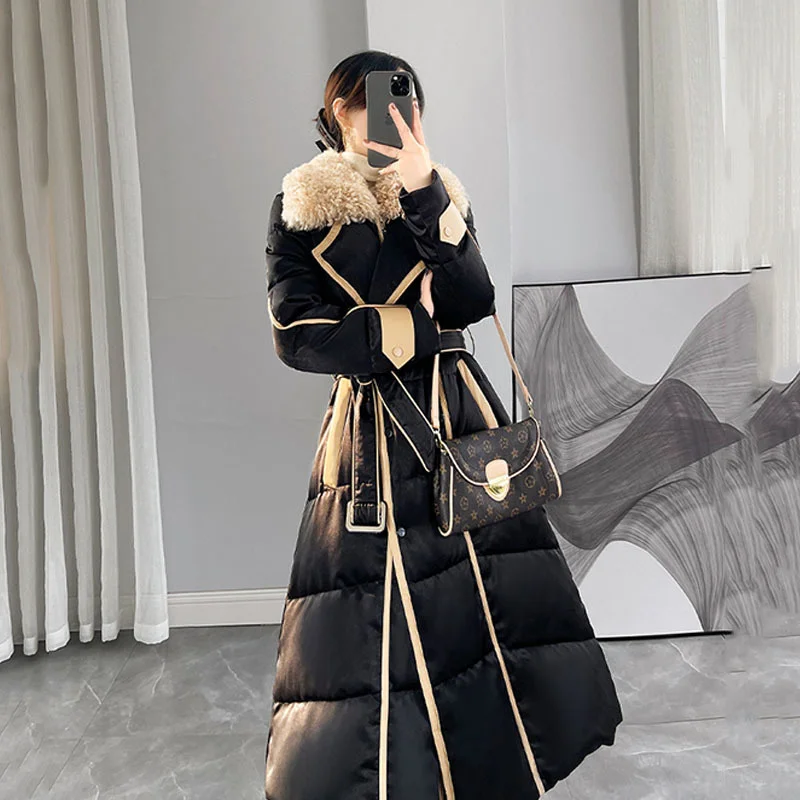 Parkas High-End Thicken Long Women Black Patchwork Lamb Hair 90% White Duck Down Coat Silver Winter Warm Ladies Outwear New