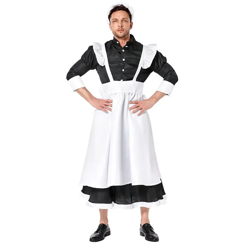 Plus size Men Maid Outfit Long Dress Apron Dress Sissy Exotic Cosplay Anime Lolita Dress Clothes Unisex costume cross dresser