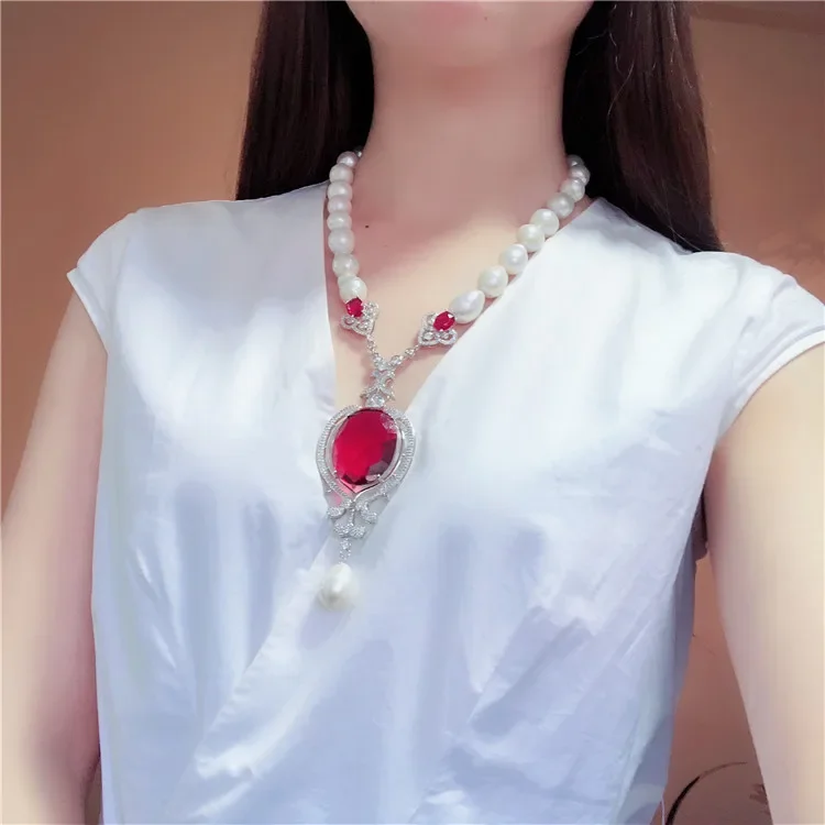 Hand knotted natural white freshwater pearl red zircon micro inlay zircon accessories necklace fashion jewelry