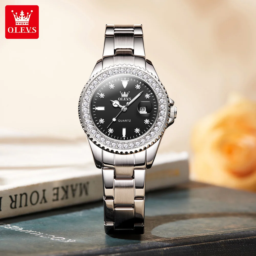 OLEVS Luxury Brand Quartz Watch for Women Steel Strap Waterproof Date Luminous Ladies Wristwatch Diamond Bezel Woman Watch 9945