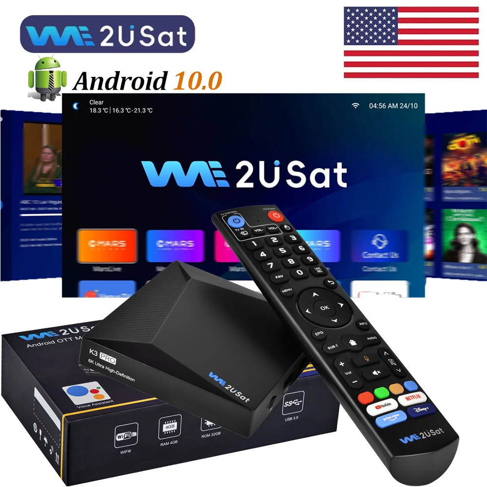 

We2uSat Streaming box 6K HD Voice Control 4GB+32GB Android 10.0 2.4GHz/5GHz Quad Core 64bit Build in WiFi-6 BT 5.0 TV Box