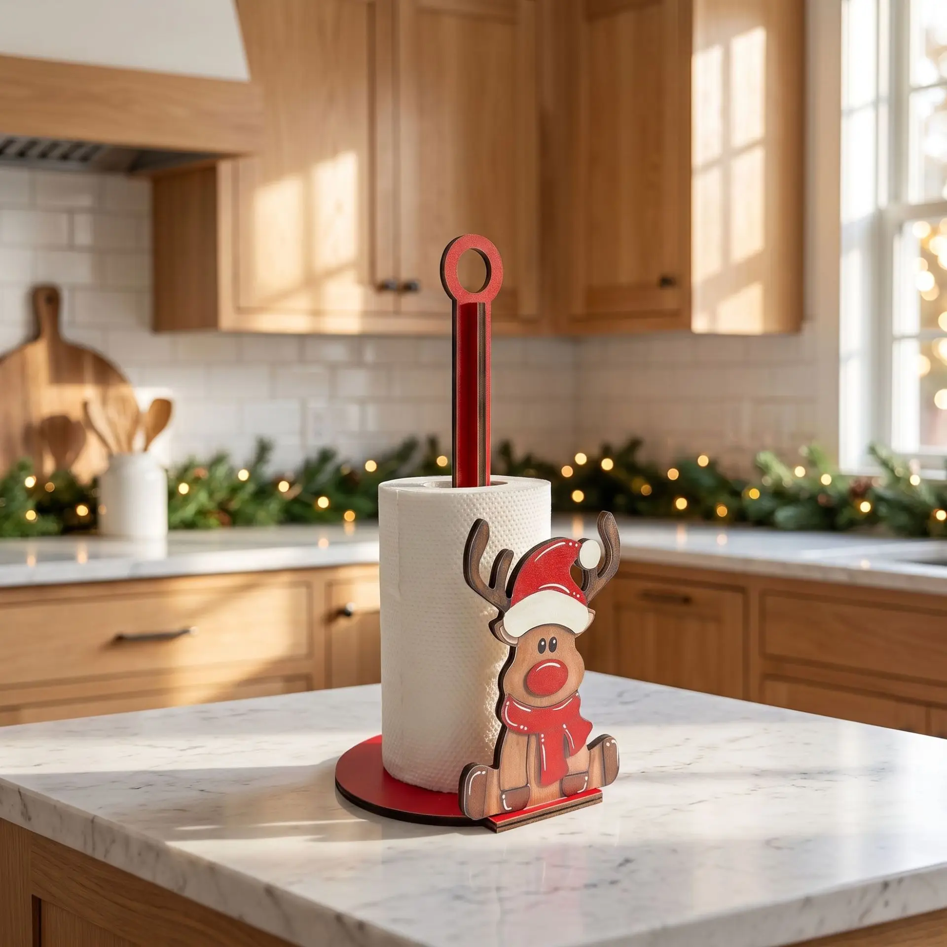 1PC Christmas Reindeer Wooden Paper Towel Holder, Xmas Countertop Kitchen Roll Holder, Holiday Kitchen Table Decor Gift