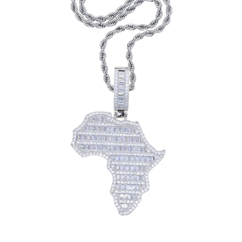 New Arrive Rectangle Cubic Zirconia CZ Paved Bling Africa Map Shaped Pendant Necklace Hip Hop Men Boy Cool Meaning Jewelry