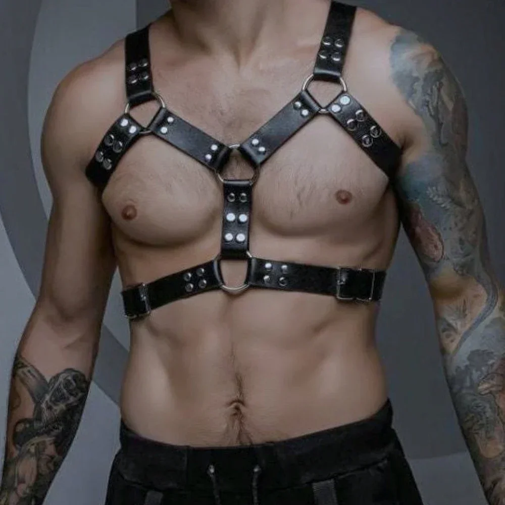 Arnés de pecho de cuero para hombres, fetiche Gay, ajustable, cuerpo Sexual, jaula de Bondage, cinturones, fetish arnes cuero