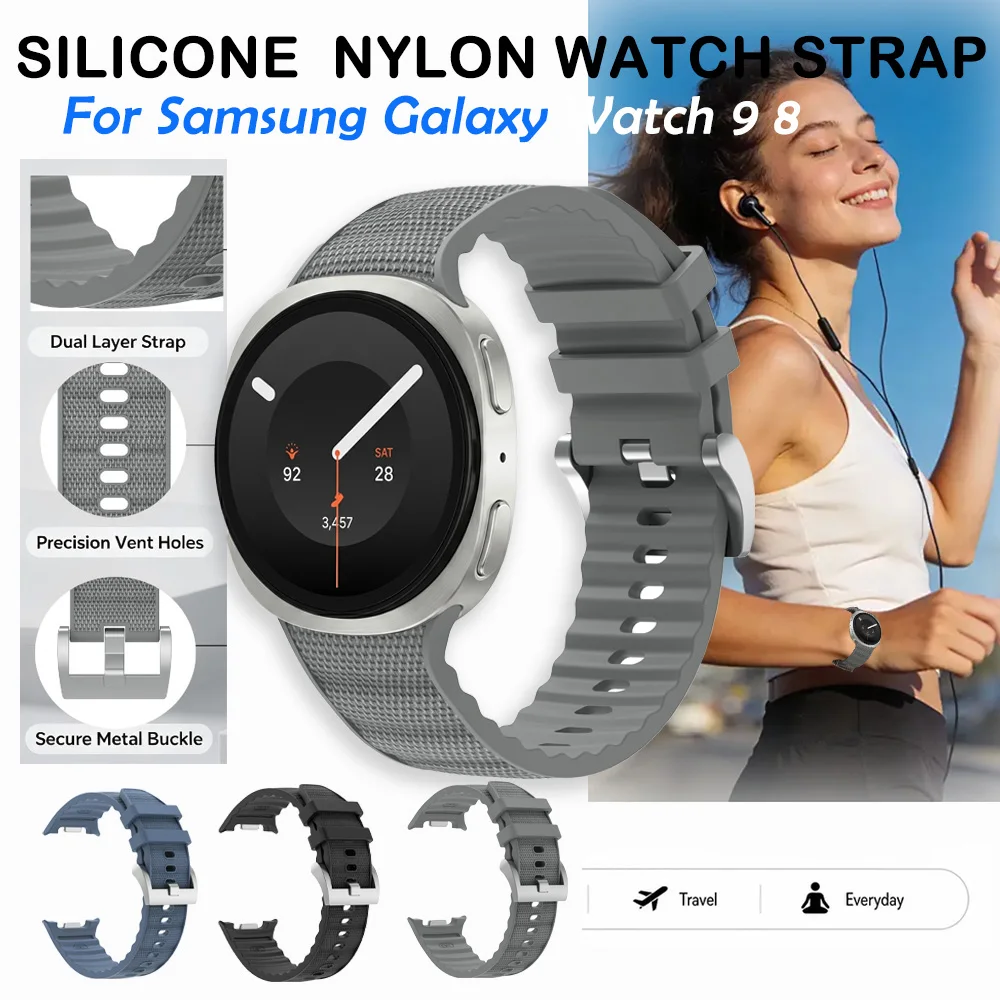 Silicone Nylon Strap for Samsung Galaxy Watch 9 Band 44 40mm Soft Breathable Replacement Band for Samsung Galaxy Watch 9 8 Strap