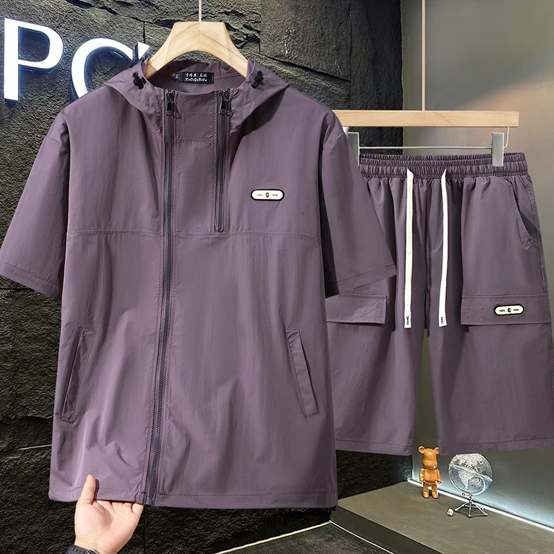 Duży, krótki zestaw z kapturem dla mężczyzn, luźny, na lato, dla puszystych, casualowy, plus size, powiększony dwuczęściowy komplet.