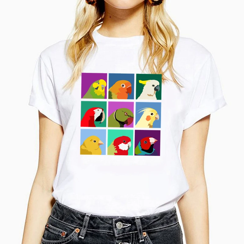 Colorful Parrot Graphics Women t shirts Summer Casual Tee Shirt Female Top HH2076