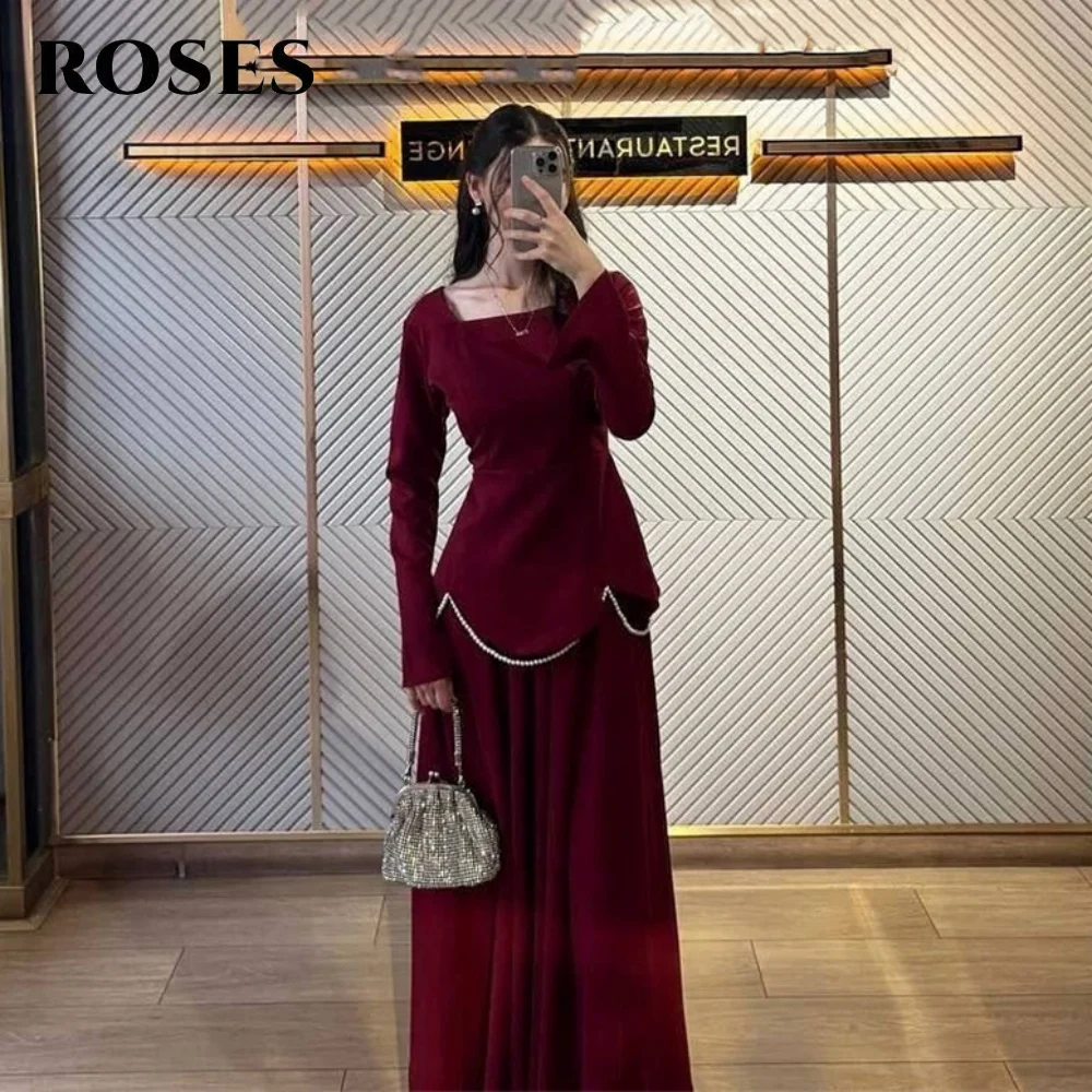 

ROSES Burgundy Stain Pleats Prom Dresses Regular Long Sleeves Celebrity Dresses with Sequins Women Evening Dresses Customized