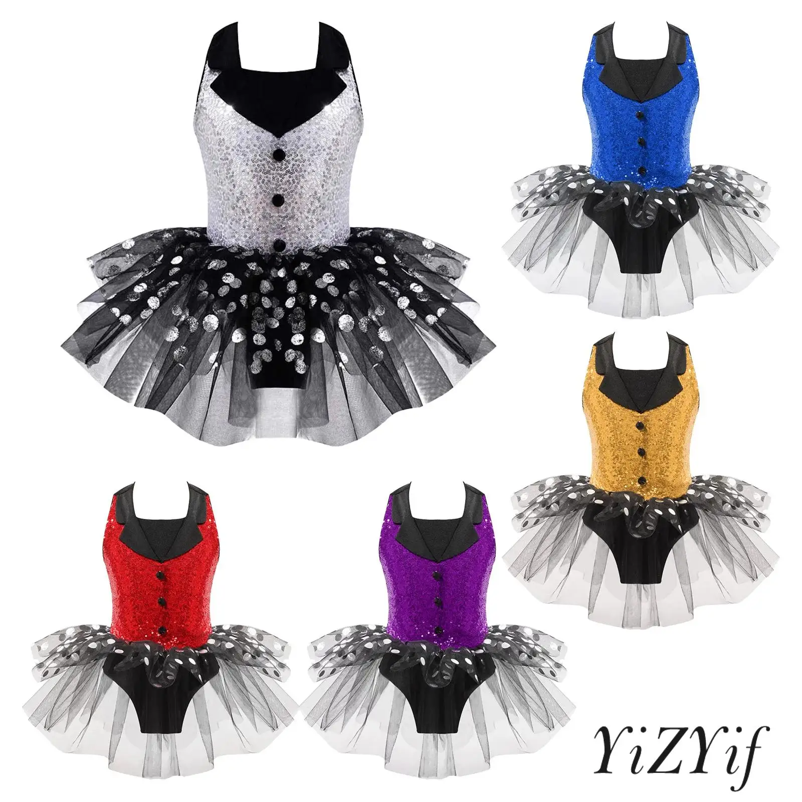 

Kids Girls Ballet Jazz Dance Dress Suit Collar Layered Mesh Sleeveless Polka Dots Print Costume for Stage Performance Holidays