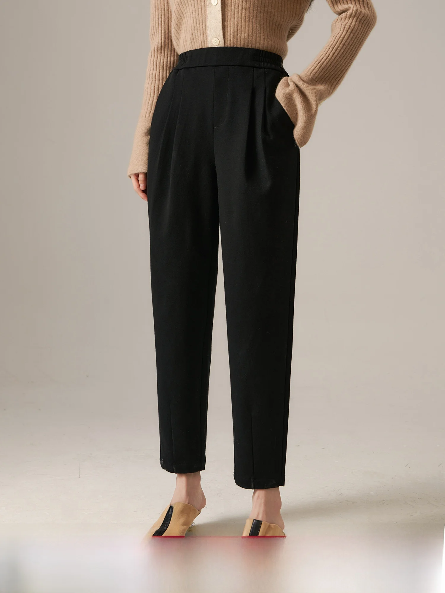 

Slimming Effect Wool Cotton Fabric Commute Pants Women's Tapered Nine-Piece Pants Natural Waist Elastic Casual Trousers