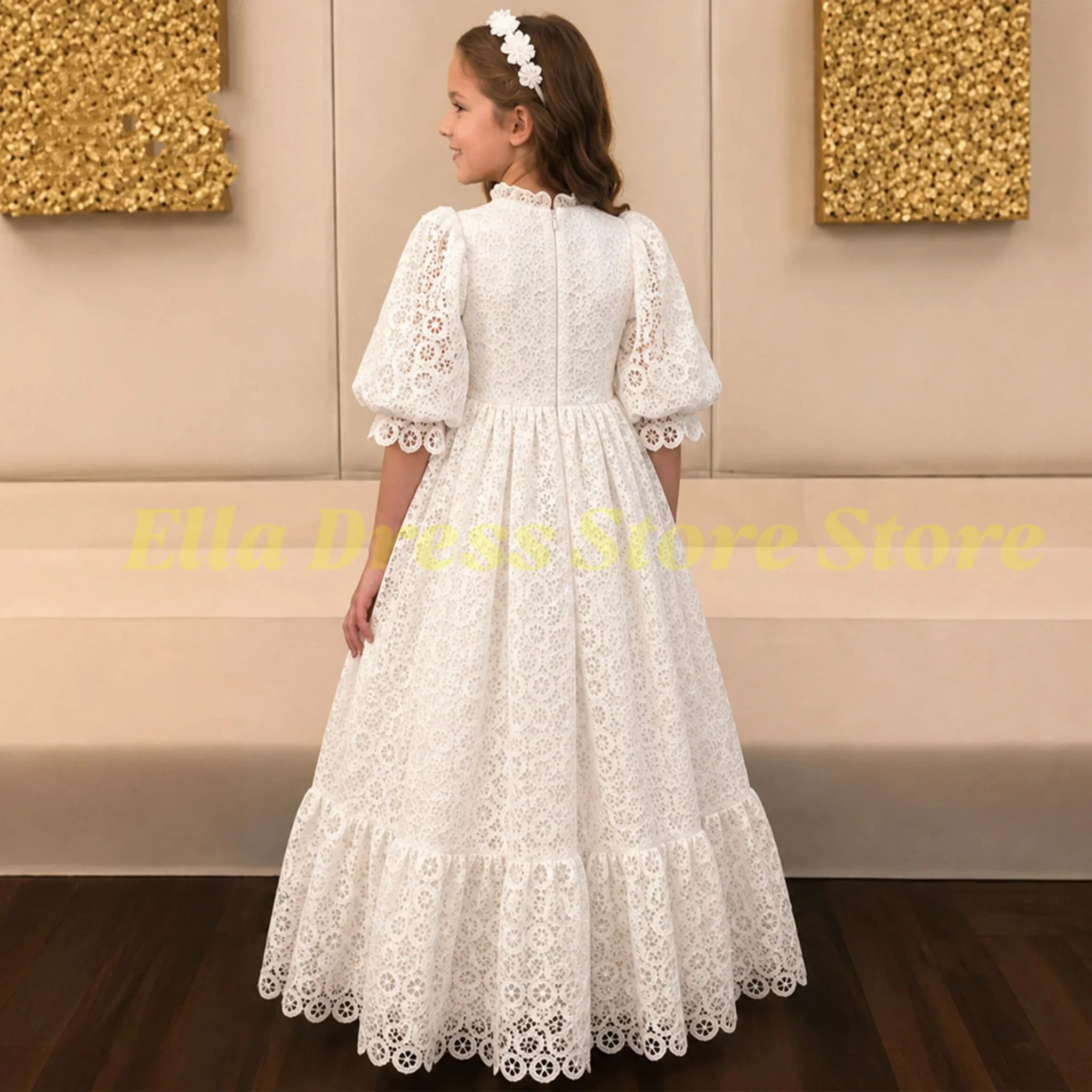 Großhandel Blumenmädchenkleid Maßgeschneidert mit Halbarm für Hochzeit, Puffärmel, Ballonärmel, Festzug, Geburtstag, Hochgeschlossenes Mädchenkleid – Detail 1