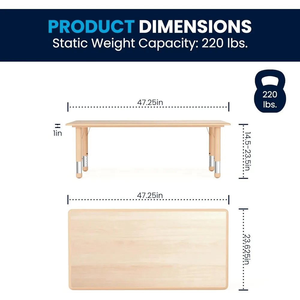 Adjustable Kids Activity Table for Classroom & Home, Plastic Children's Table Seats 6, Natural Finish