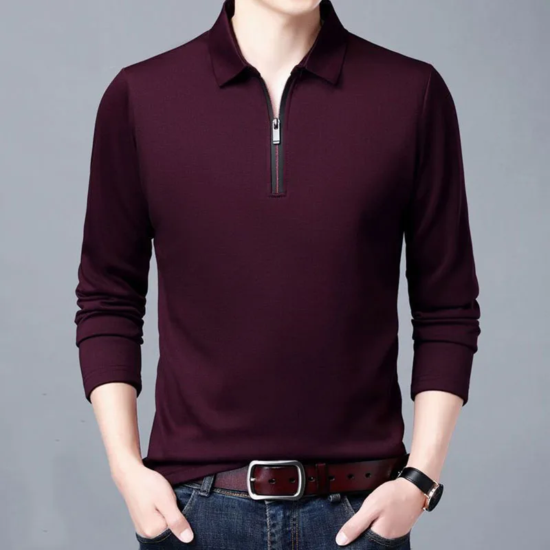 Smart Casual Men's Solid Polo Shirt Spring Autumn New Long Sleeve Zipper Collar Business Fashion Loose Polos Tops Clothing 2022