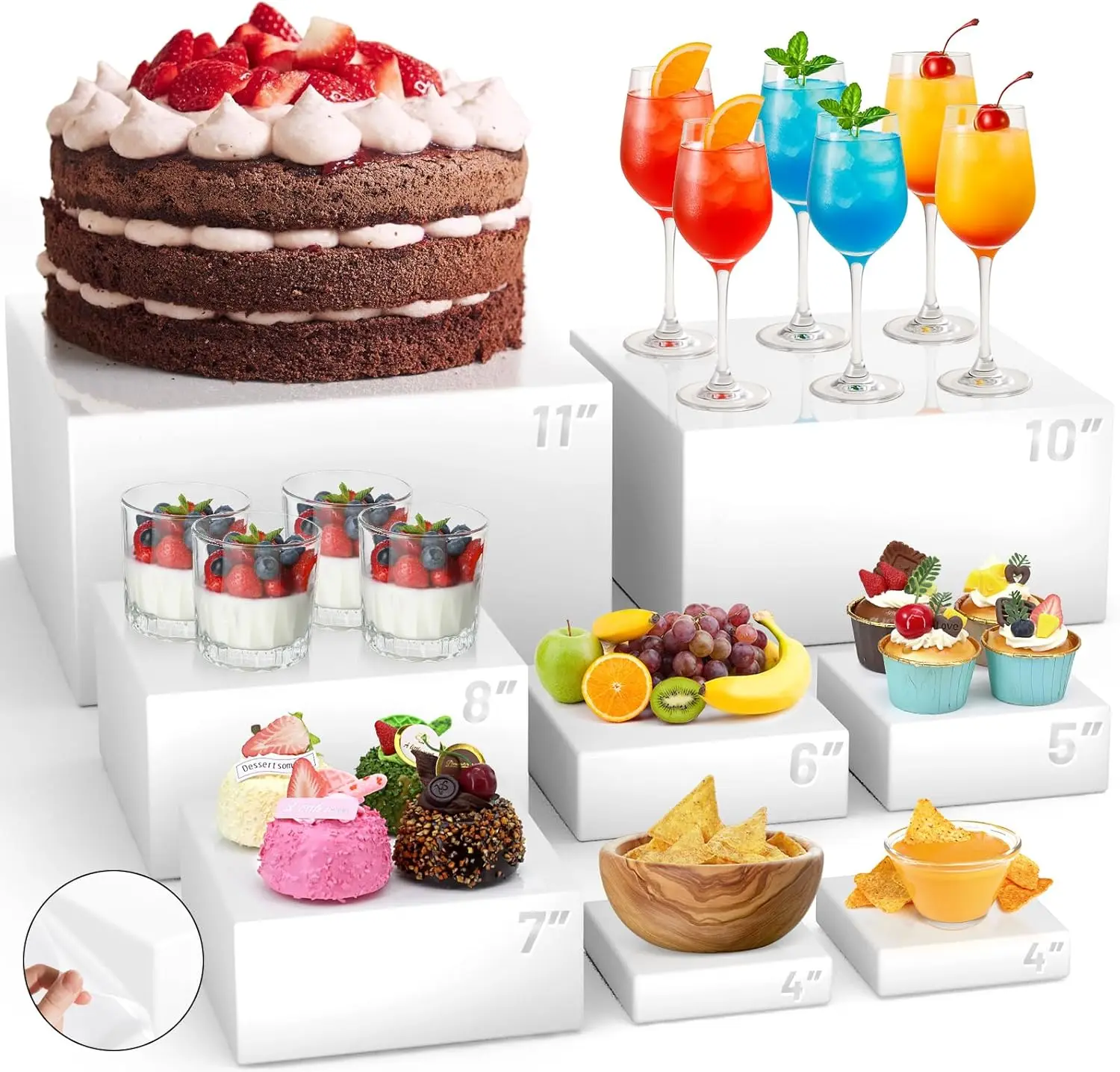 

8 Pcs Acrylic Buffet Food Risers, 11" Large Dessert Cupcake Table Stands White Display Shelf Party Decor