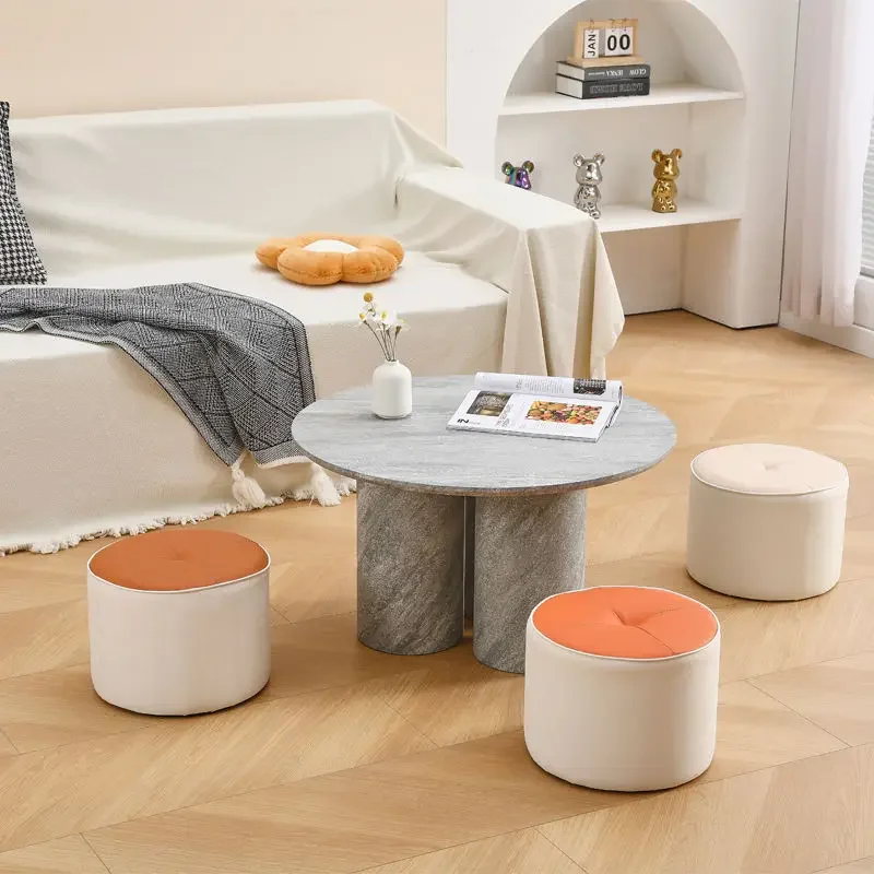 

Small Low Round Stools Simple Living Room Furniture Ottomans Doorstep Shoe Changing Stools Tea Table Side PU Leather Pedal Stool