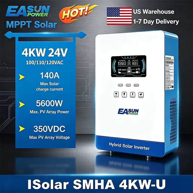EASUN POWER hybrid Soalr Inverter 4KW MPPT 140A 350VDC PV Input 110VAC 24VDC 4000W Pure Sine Wave  6.25 Inch LCD Display Household US warehouse