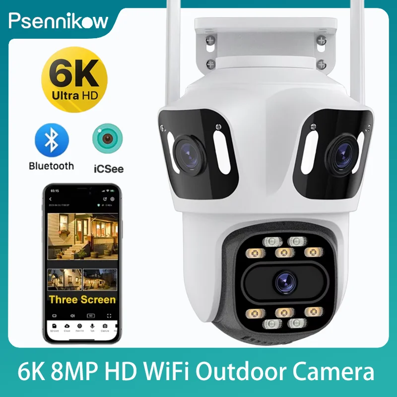 

6K 8MP HD WiFi Camera Outdoor Three Lens Three Screen Auto Tracking Security Protection PTZ Camera 4K Video Surveillance iCsee