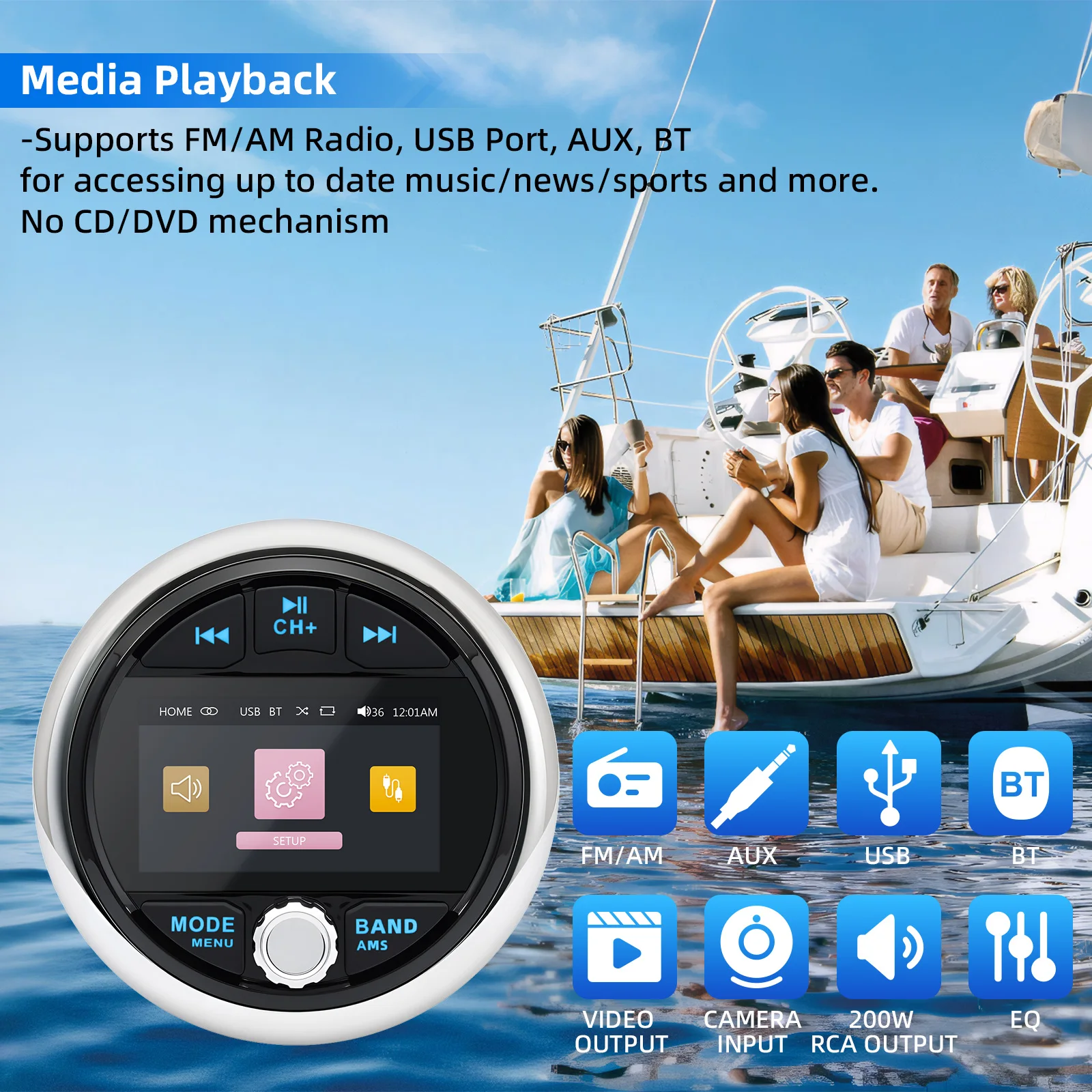 Reproductor de Radio MP3/MP5 marino para barco, reproductor multimedia de Audio estéreo, receptor FM AM compatible con Bluetooth para SPA, UTV, ATV, resistente al agua