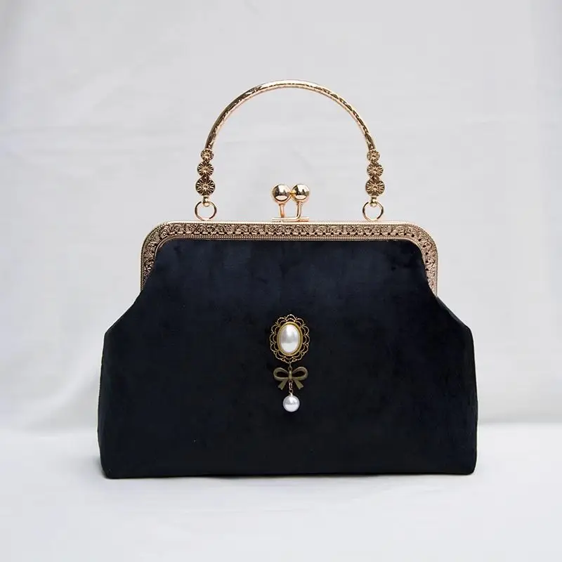 

NEW Vintage Black Velvet Handbag Shell Lock Bag Bags Chic Women's Chain Purse Handmade Lay Bag Stylish Retro Women's Handbags