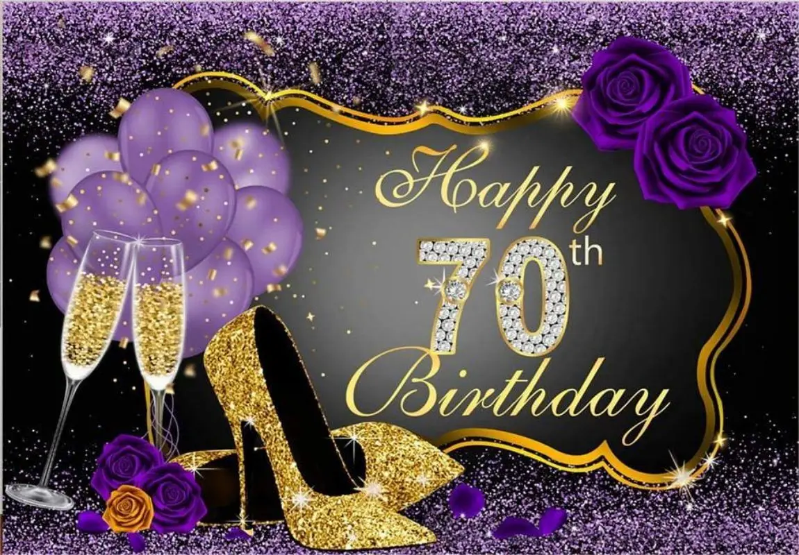 Happy 70th Birthday Photography Backdrops Shining Purple Background Party Decorations Rose Floral Heels Champagne Glass Banner