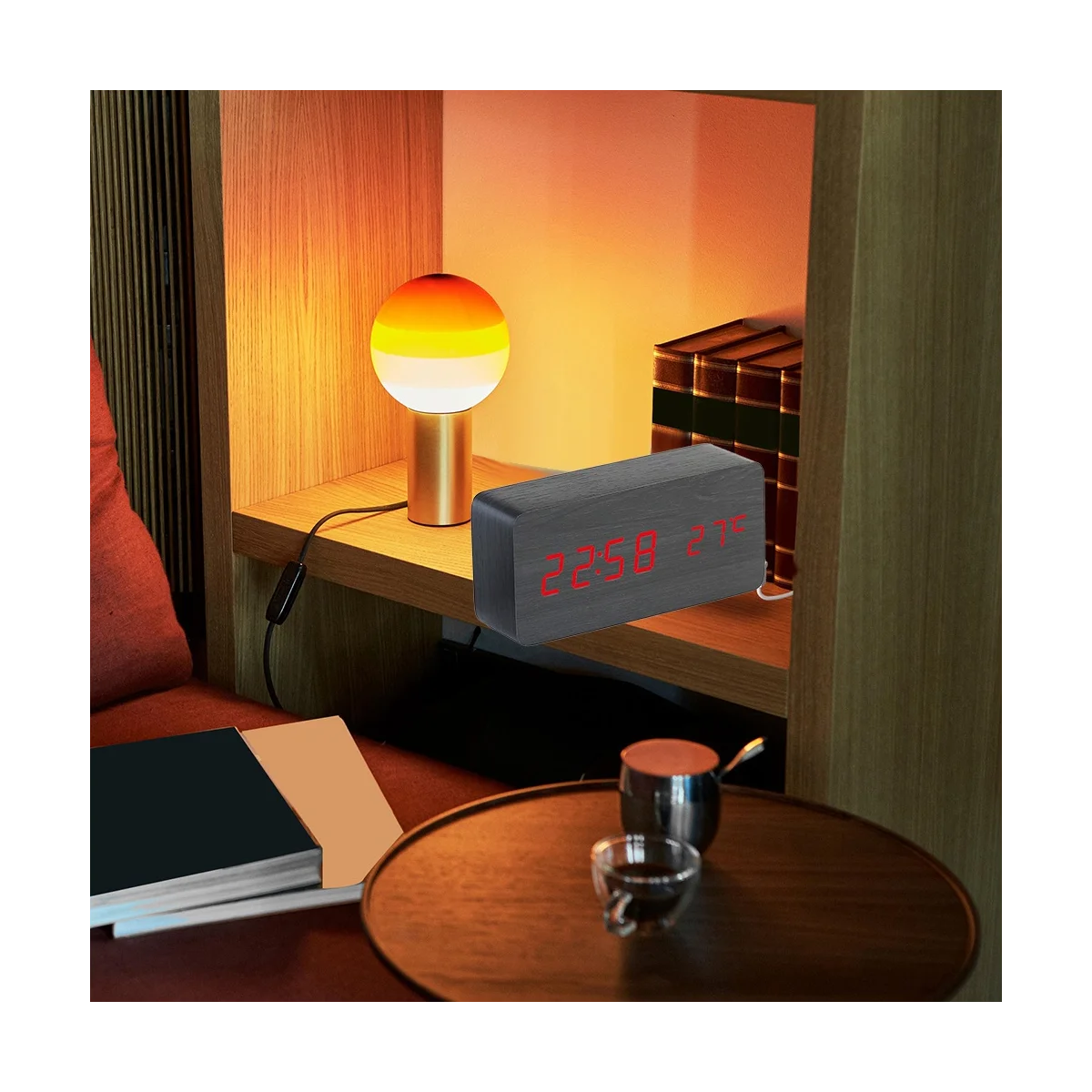 خشبية ساعة مكتب مربع ، LED العرض الرقمي ، المنبه ، عرض درجة الحرارة ، ديكور غرفة نوم