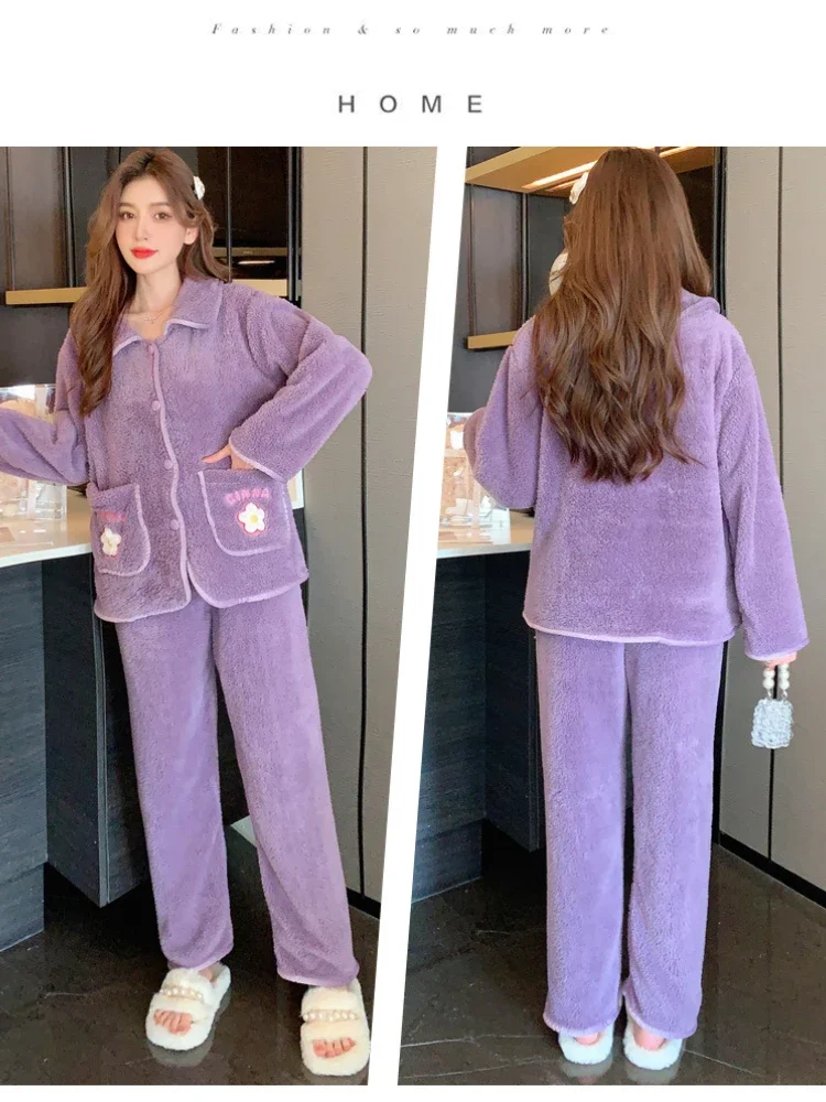 100KG 5XL Plus Size Winter Fleece Pajamas Set Women\'s Loose Cardigan Pant Home Suit Korean Sweet Warm Flannel Loungewear Suit