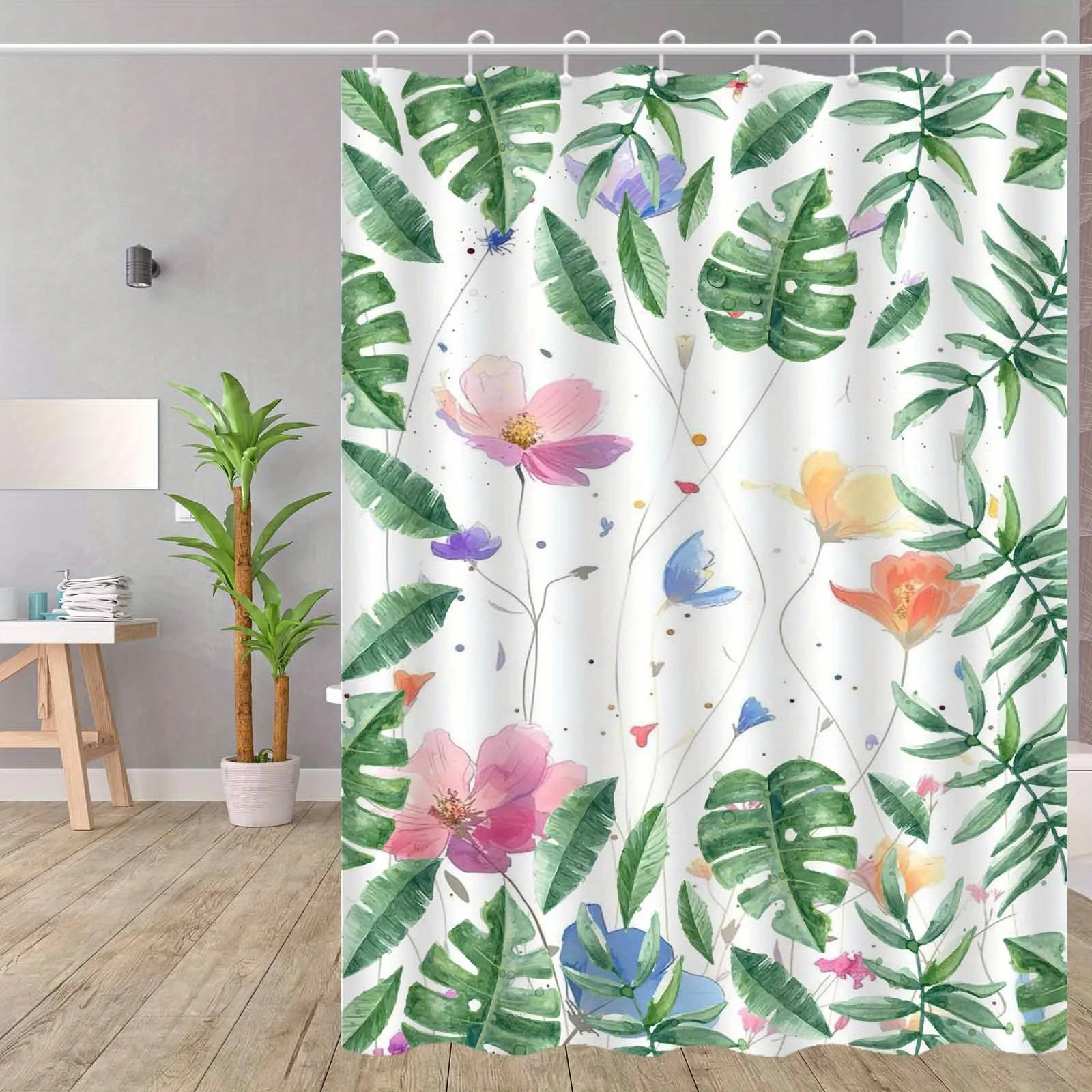 

1 шт. ботаническая вязаная занавеска для душа с крючками, полиэфирная ткань, можно стирать в машине, подходит для украшения ванной комнаты