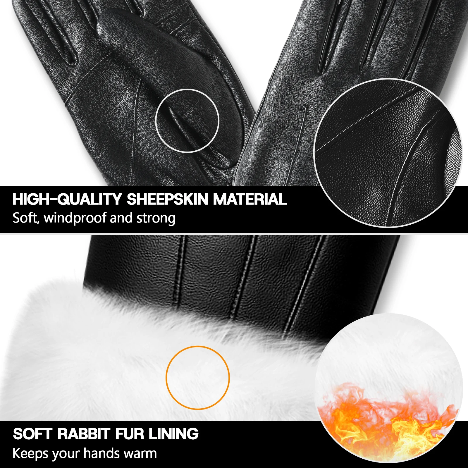Men’s Premium Sheepskin Leather Gloves – Rabbit Fur Lined Black Winter Driving Gloves for Men, Luxury Gift Box