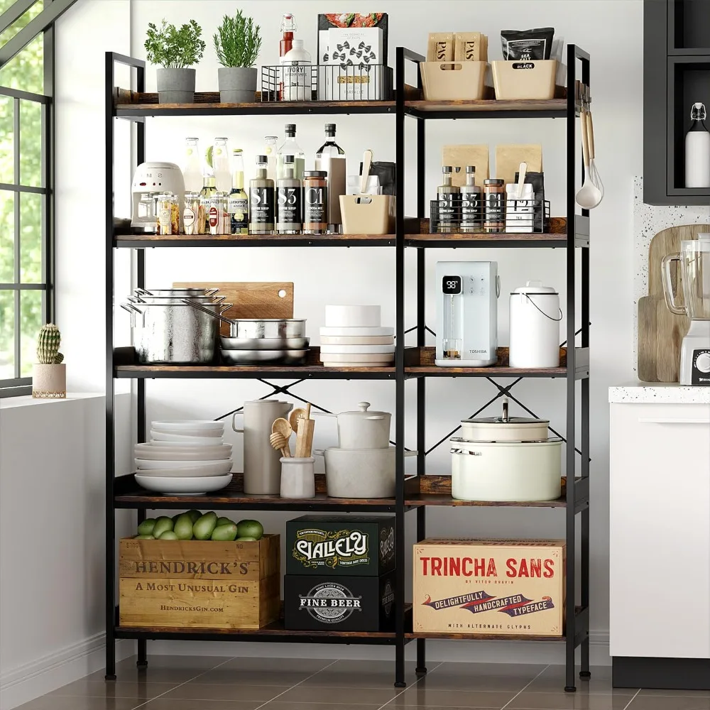 Estante de 5 camadas, estante de canto reversível em forma de L, estante industrial aberta de 65" com estrutura de metal e 4 ganchos