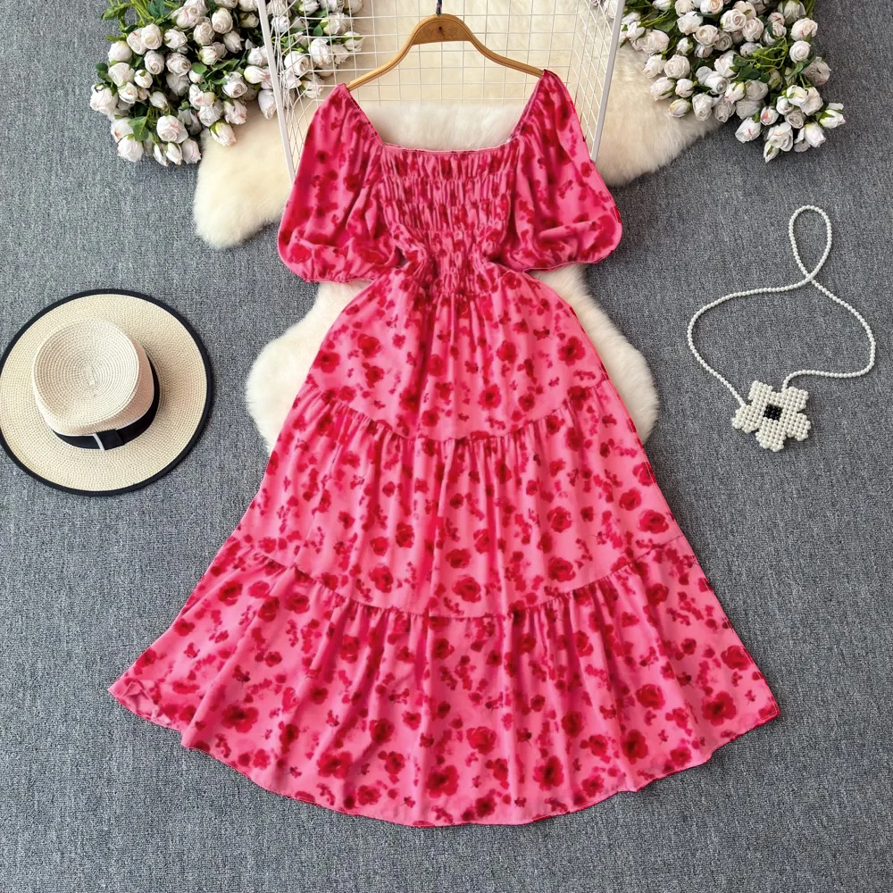 2026 nieuwe zomer bloemenprint lange jurk vrouwen vintage vierkante hals ruches borst sjerp bandage zonnejurk party vestidos